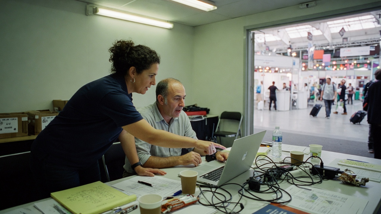 Two organisers running a show from a back-of-house table